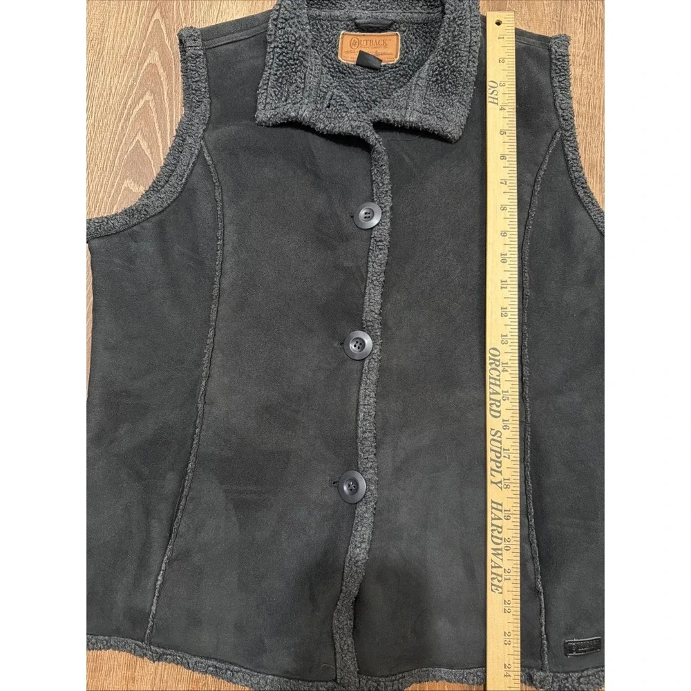 Outback Trading Company Black Gray Shearling Trim Button Vest Women Sleeveless L